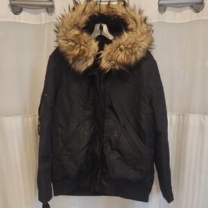 Aqua Black Puffer Jacket with Faux Fur Trim